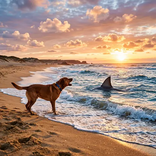 Brown Dog Barking at Shark on Beach - Dramatic Sunset Scene