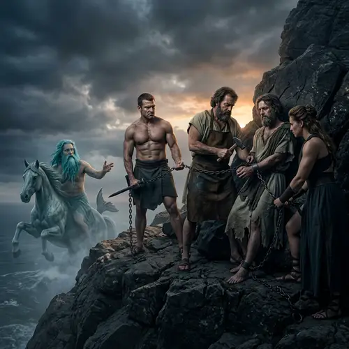 Ancient Greek Tale: Prometheus Bound to Rock by Hephaestus