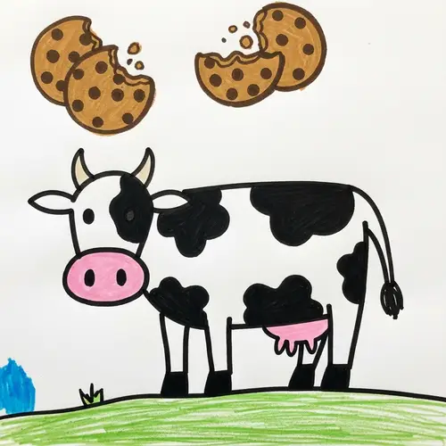 Child's Simple Drawing of a Cow and Cookies