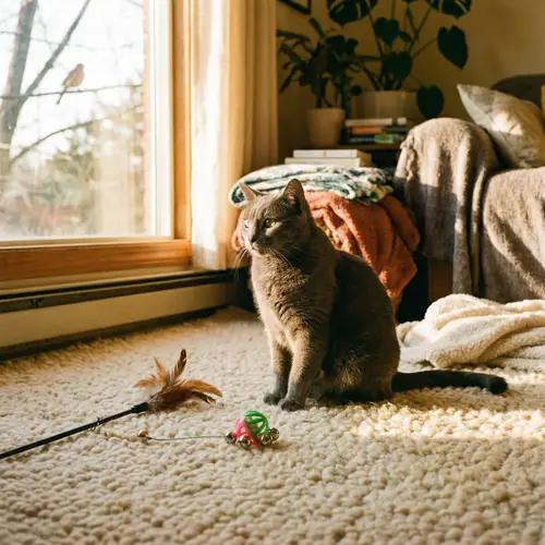 Cozy Scene: Grey Domestic Short-Haired Cat on Fuzzy Carpet