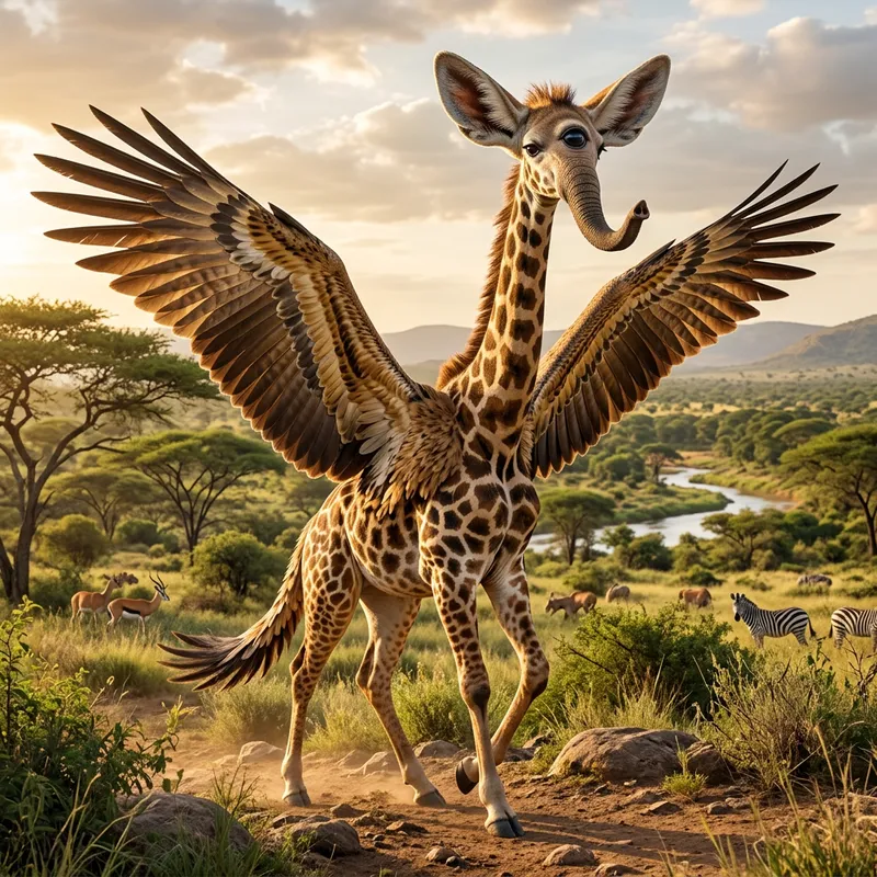 Unique Animal with Big Ears, Singular Eye, Trunk-like Mouth, Long Neck, and Large Wings Unique Animal with Big Ears, Singular Eye, Trunk-like Mouth, Long Neck, and Large Wings