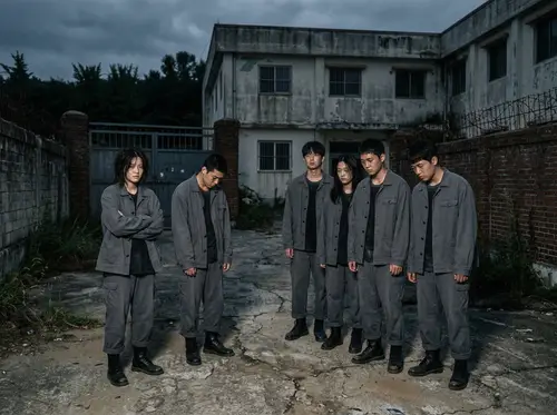 Emotional Teenagers in a Desolate Orphanage at Dusk