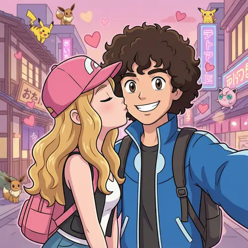 Cute Cartoon Pokemon Trainers in Love