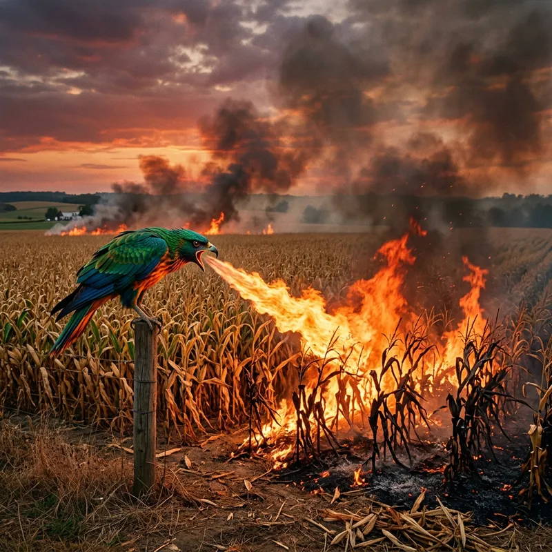 Majestic Bird Spewing Fire Over Corn Field Majestic Bird Spewing Fire Over Corn Field