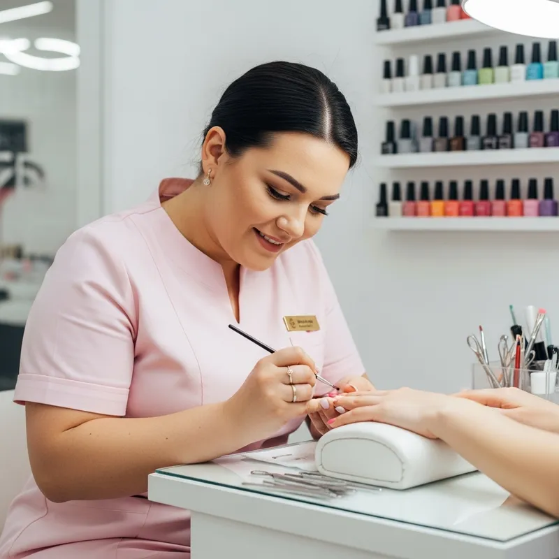 Plus-Size Manicurist in Pink Uniform
