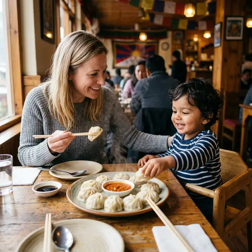 South Asian Toddler and Caucasian Mother Enjoying Momos