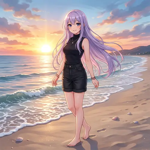 Anime-Style Female Character with Lavender Hair | Beach Sunrise