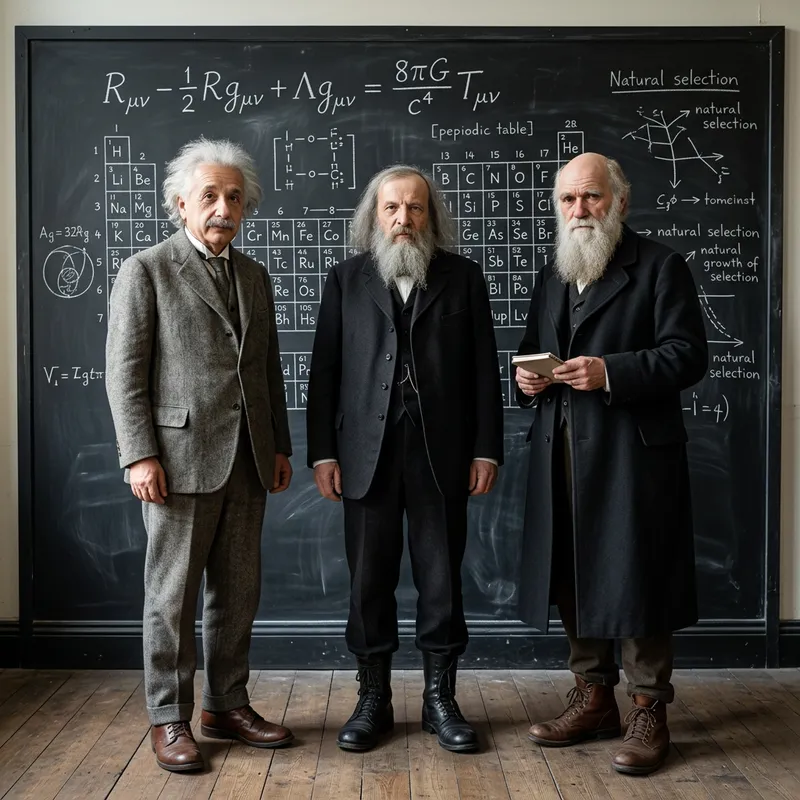 Famous Scientists Einstein, Mendeleev, Darwin in Full Length