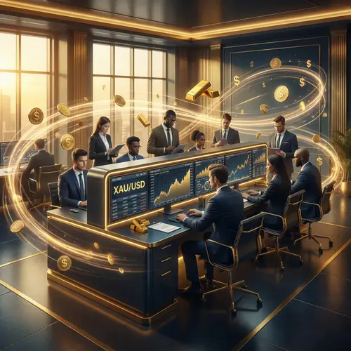 Vibrant Gold Trading Scene in a Modern Forex Office