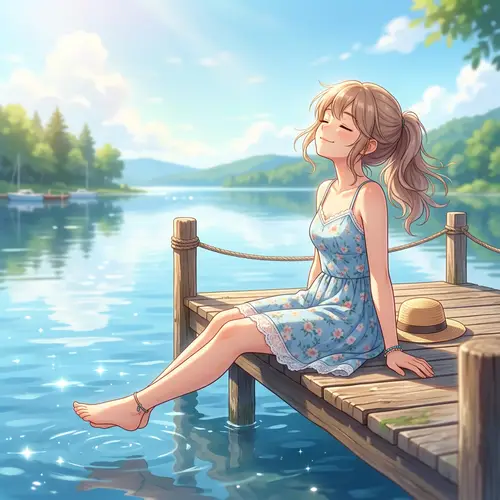 Tranquil Anime-Style Girl Enjoying Sunny Day by Waterside