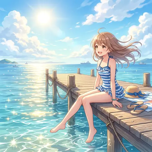 Anime Girl on Pier | Sunny Day Swimsuit Scene