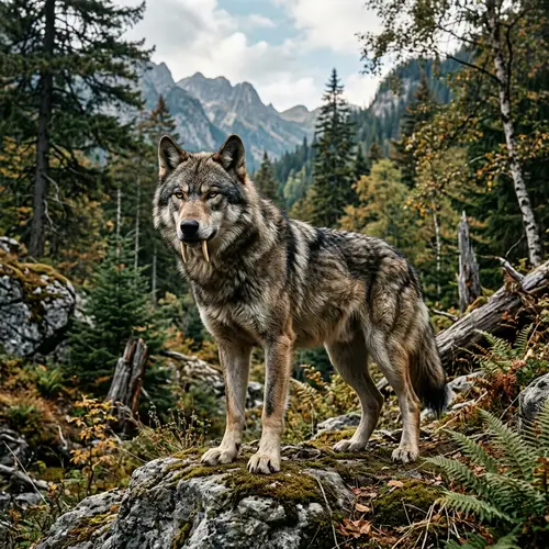 Powerful Wolf with Saber Tooth Tiger Teeth and Tiger Muscles