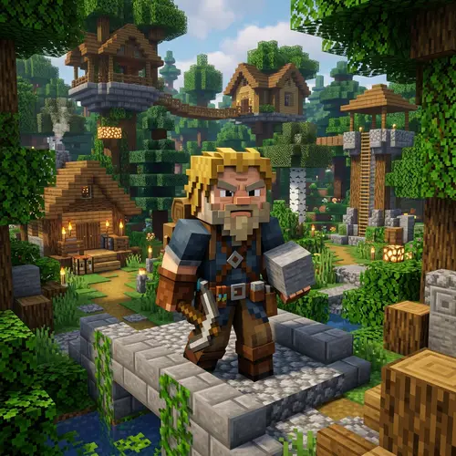 Elderly Minecraft Builder in a Lush Forest