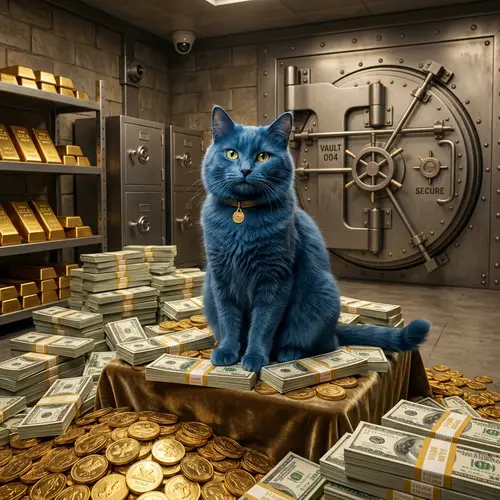 Blue Cat Surrounded by Wealth and Riches