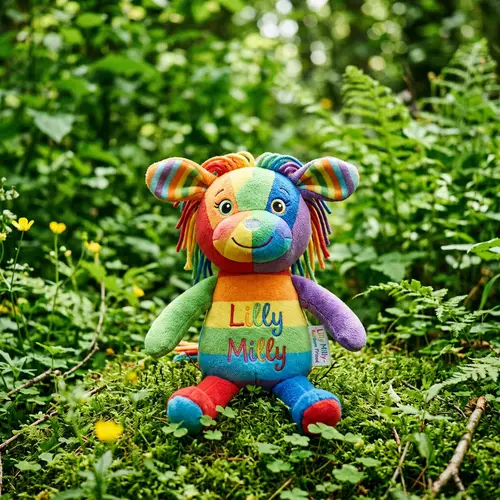 children's soft toy the face of the rainbow Hagi Waga Lilly Milly, on a green background
