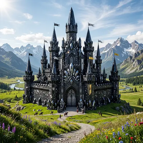 Majestic Black Crystal Castle - Sparkling Fortress Amidst Nature