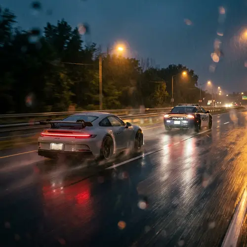 Realistic Rainy Chase: Grey Sports Car & Police