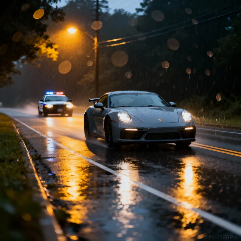 Realistic Rainy Chase: Grey Sports Car & Police Realistic Rainy Chase: Grey Sports Car & Police