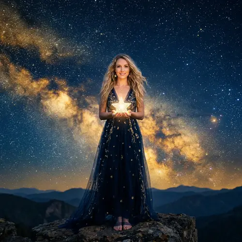 25-Year-Old Blonde Woman with Shimmering Star on Blue Sky Background