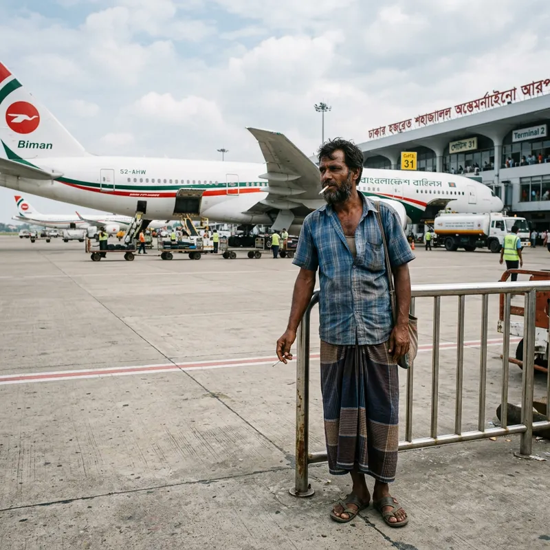 Lungi-Clad Man Relaxing by Airplane at Airport
