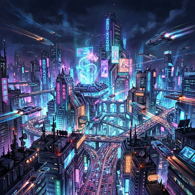 Vibrant Cyberpunk Night Cityscape with Neon Colors