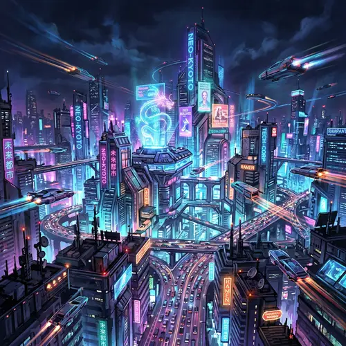 Futuristic Nighttime Cityscape Painting with Neon Colors
