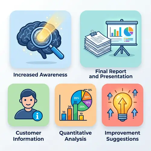Icon Set: Increased Awareness, Final Report, Customer Info, Quantitative Analysis, Improvement Ideas