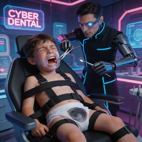 Cyberpunk Dental Nightmare: A Boy's Painful Experience
