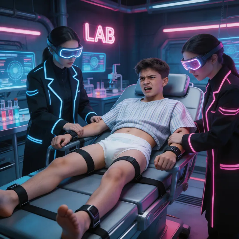 Teen in Laboratory: Cyberpunk Examination Scene