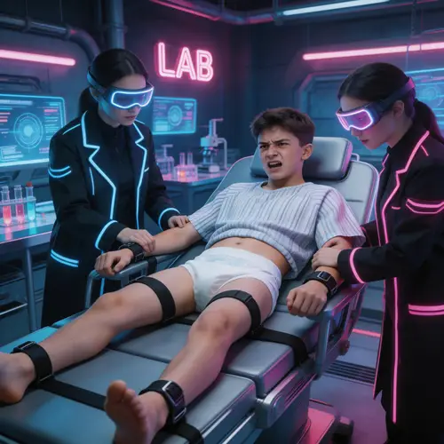 Teen in Laboratory: Cyberpunk Examination Scene