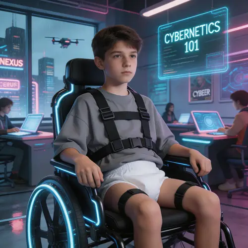 Cyberpunk Classroom: 13-Year-Old in Special Wheelchair