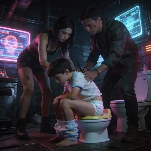 Cyberpunk Baby Scene: Diaper Boy on Potty
