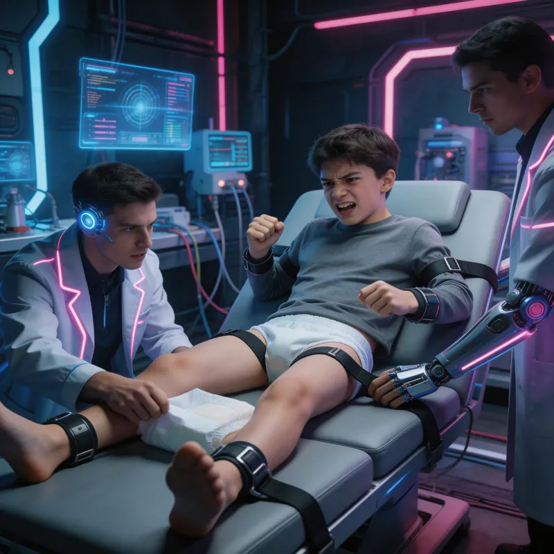 Teen's Distress in Cyberpunk Lab Setting