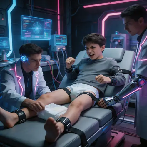 Teen's Distress in Cyberpunk Lab Setting