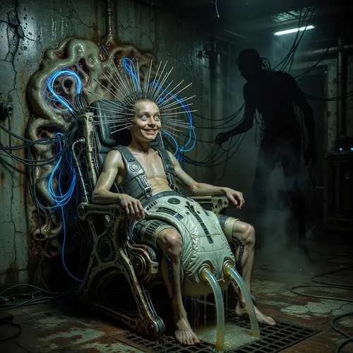 Dark Cyberpunk Basement Scene with Biomechanical Horror