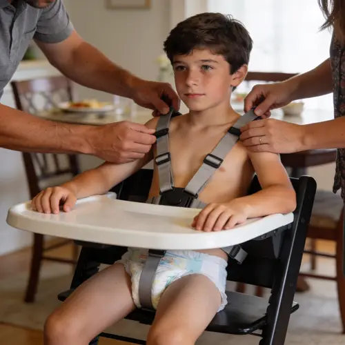Teenager in High Chair for Mealtime Assistance
