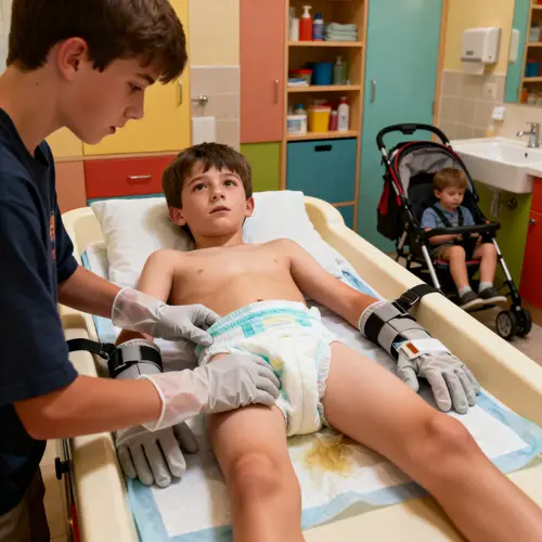 Changing Table Scene with Brothers in Colorful Bathroom