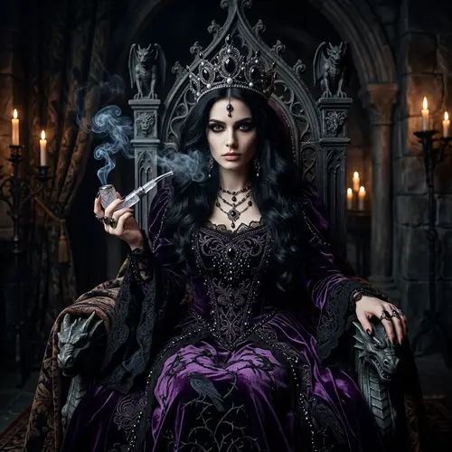 Mysterious Dark-Haired Princess on Gothic Throne | Fantasy Novel Vibe