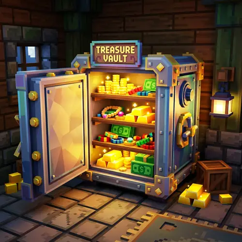 Cartoony Roblox Style Opened Safe with Assorted Treasure Items