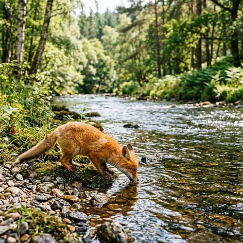 Small Fox Drinking Water by the River