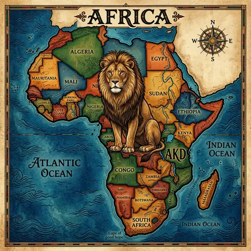 Detailed Map of Africa with Majestic Lion and AKD Inscription