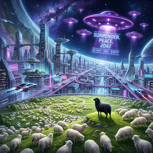 Futuristic Space City with Flying Cars and Sheep