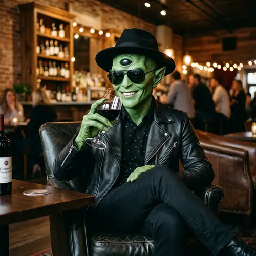 Cool Three-Eyed Alien in Black Hat Enjoying Red Wine