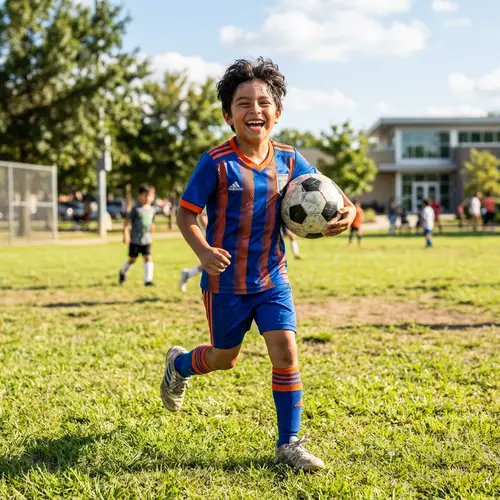 Joyful Hispanic Boy Athlete Playing on Sunny Day