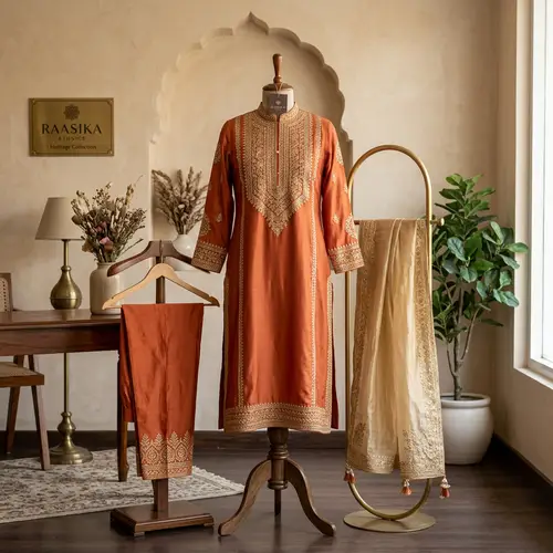 Elegant Orange Kurta Set with Gold Embroidery | High Quality