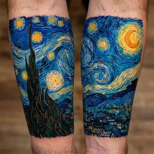 Starry Night Inspired Couple Tattoo Design | Nocturnal Scene