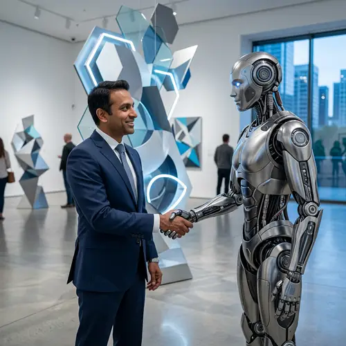 Futuristic Robot Handshake in Modern Art Setting