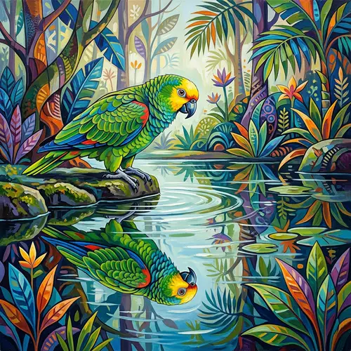 Vibrant Parrot Reflection in Pond | Modern Art Style