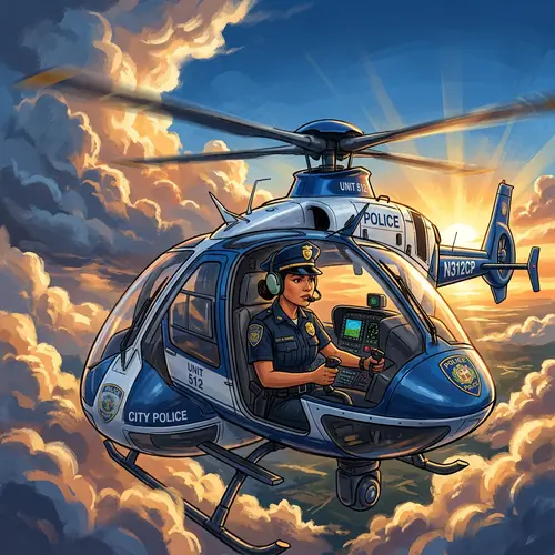 Hispanic Female Police Officer Flying Modern Helicopter in the Sky