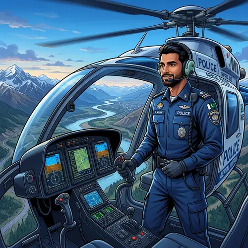 Professional South Asian Male Police Officer Flying Helicopter Illustration